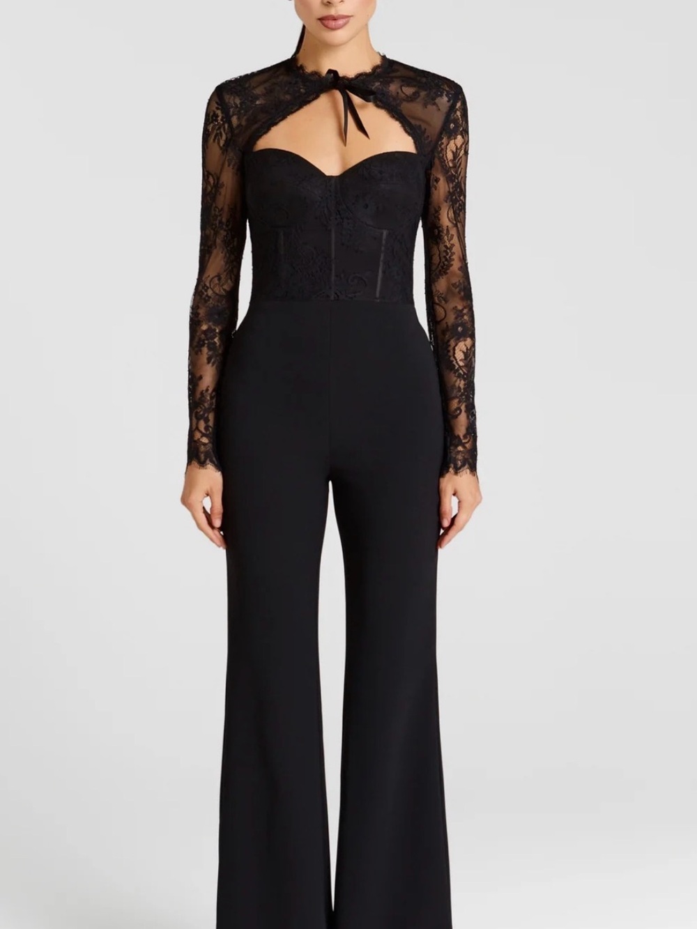 NADINE MERABI Black Lace Bustier & Sheer Sleeve Jumpsuit